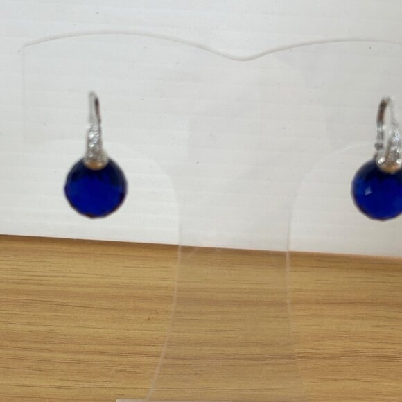 Silver Drop Earrings With Blue Faceted Crystal Stones & Rhinestone Accents - Picture 2 of 5